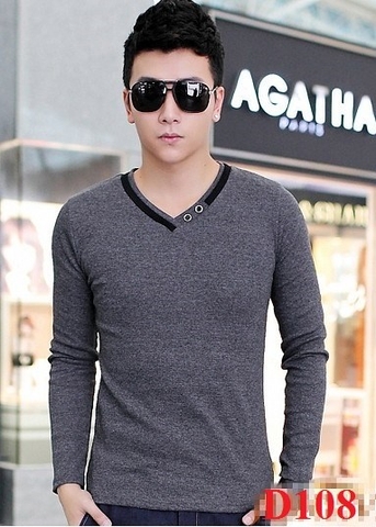 D108 - Áo Thun Nam Dài Tay Cổ Tim Phối Nút Màu Xám Đậm