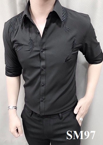Áo Sơ Mi Đen Họa Tiết Lá Thêu SM97