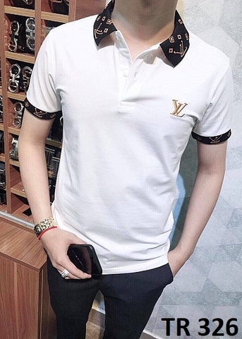 Áo Thun Nam Trắng Cổ Đen Logo LV Thêu