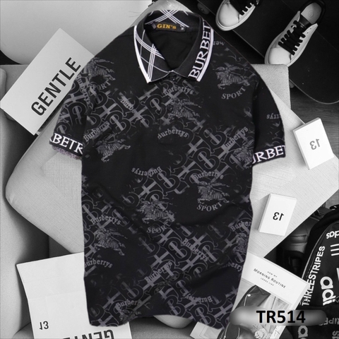 Áo Thun Cổ Trụ Đen Họa Tiết Chữ BURBERRYS TR514