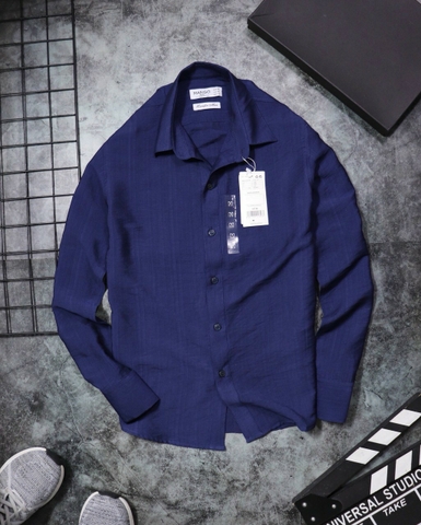 Áo Sơ Mi Dài Tay Vải Đũi Màu Xanh Dương