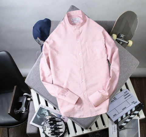 Áo Sơ Mi Trơn Cổ Trụ Dài Tay Màu Hồng