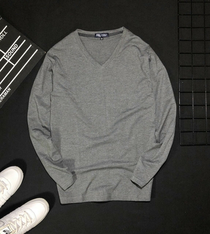 Áo Thun Dài Tay Trơn Cổ Tim Màu Xám