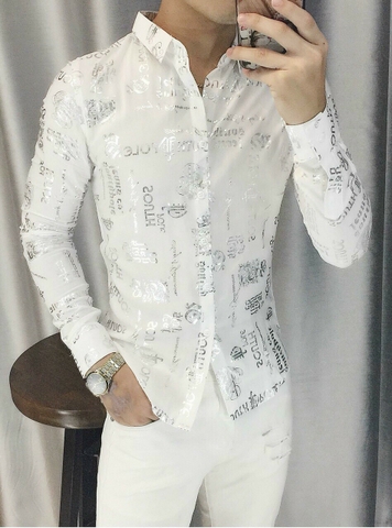 Áo Sơ Mi Dài Tay Họa Tiết Kim Tuyến Trắng