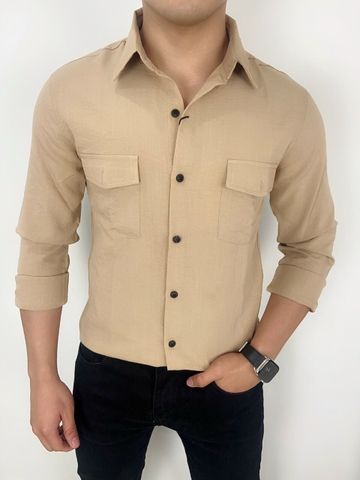 Áo Sơ Mi Dài Tay 2 Túi Hộp Màu Kem