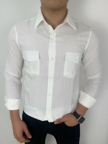Áo Sơ Mi Dài Tay 2 Túi Hộp Màu Trắng