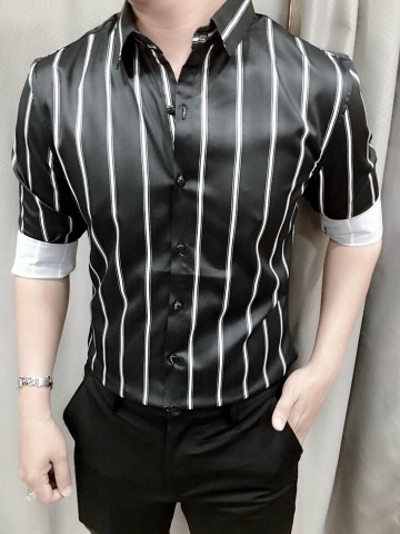 Áo Sơ Mi Đen Sọc Dọc Trắng Nhiều
