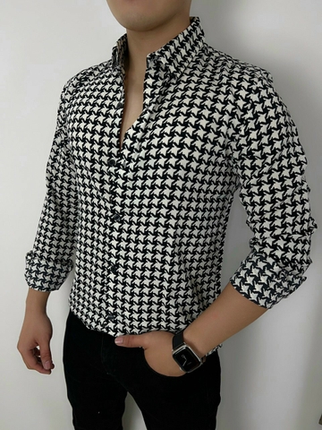 Áo Sơ Mi Dài Tay Đen Họa Tiết Trắng