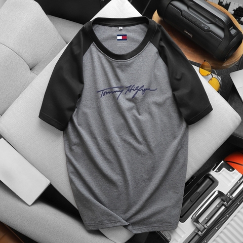 Áo Thun Nam Tay Ngắn Ráp Lăng Xám Phối Đen