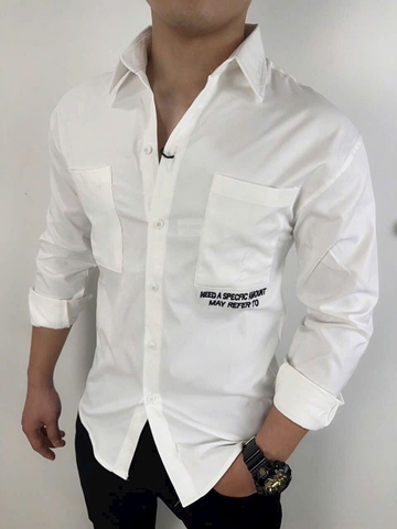 Áo Sơ Mi Nam Phối 2 Túi Phối Chữ Màu Trắng