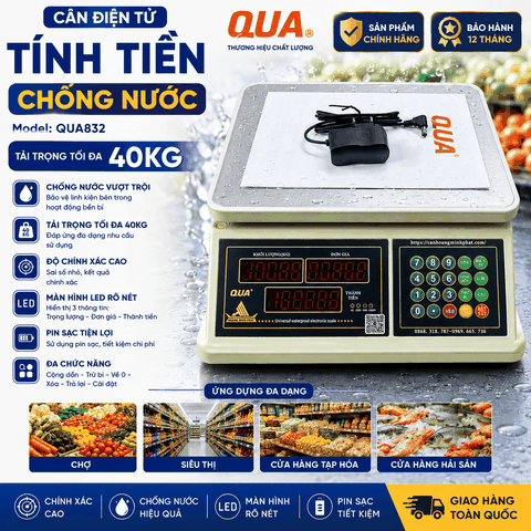 Cân Điện Tử Tính Tiền 40kg QUA832 | Chống Nước, Phím Tiếng Việt | Cân Bán Hàng