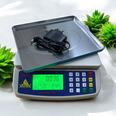 Cân điện tử 25kg/1g tính tiền HM580. Mâm cân INOX -  Kèm sạc. Thương hiệu CÂN HOÀNG MINH PHÁT. Phím tiếng việt