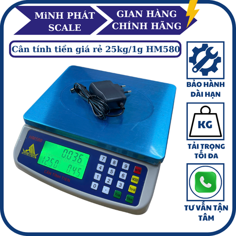 Cân điện tử 25kg/1g tính tiền HM580. Mâm cân INOX -  Kèm sạc. Thương hiệu CÂN HOÀNG MINH PHÁT. Phím tiếng việt