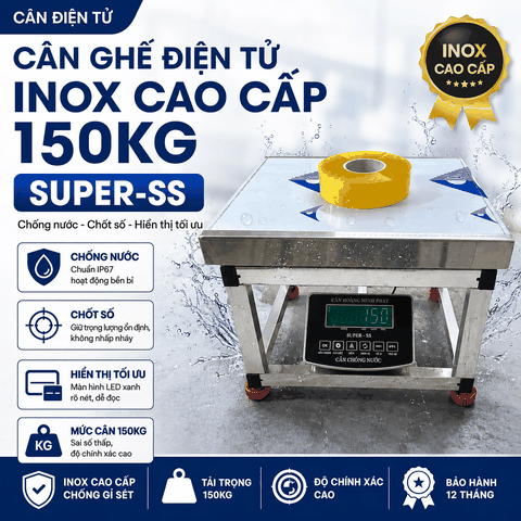 Cân Ghế Điện Tử 150kg INOX Chống Nước SUPER-SS | LED Xanh | Cân Hàng Hóa, Nông Sản, Động Vật