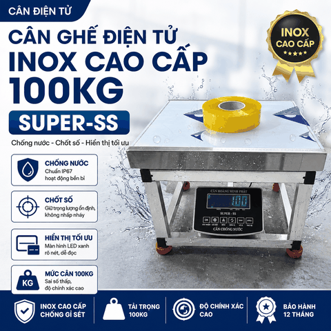 Cân Ghế Điện Tử 100kg INOX Chống Nước SUPER-SS | LED Xanh | Cân Hàng Hóa, Nông Sản, Động Vật