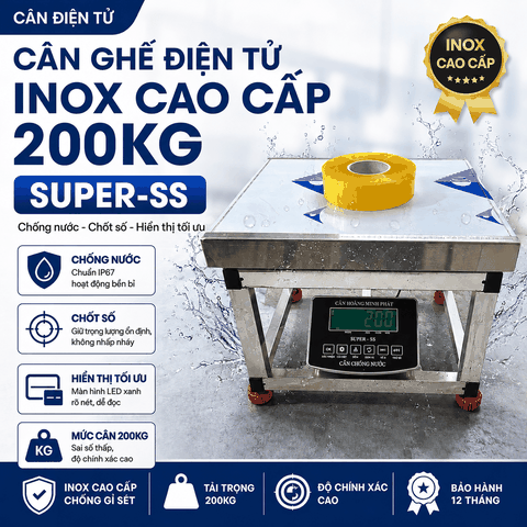 Cân Ghế Điện Tử 200kg INOX Chống Nước SUPER-SS | LED Xanh | Cân Hàng Hóa, Nông Sản, Động Vật