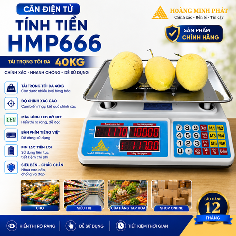 Cân điện tử 40KG tính tiền HMP666-40KG - PHÍM TIẾNG VIỆT - Thương Hiệu CÂN HOÀNG MINH PHÁT