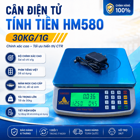 Cân Điện Tử Tính Tiền 25kg HM580 | Mâm INOX, Phím Tiếng Việt, Kèm Sạc | Cân Bán Hàng | Hoàng Minh Phát