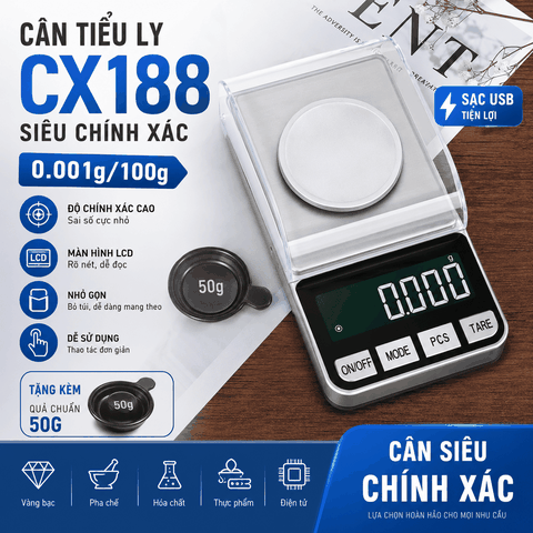 Cân tiểu ly điện tử 100g-0.001g siêu chính xác CX188 (Sạc USB)