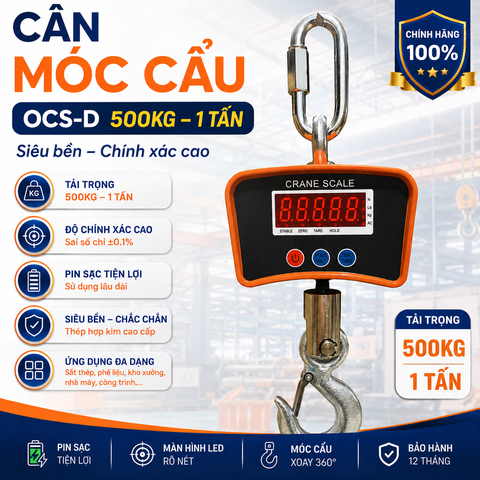 Cân Móc Cẩu OCS-D 500kg Siêu Bền | Có Sạc, Chính Xác Cao | Cân Sắt Thép, Phế Liệu, Kho Xưởng