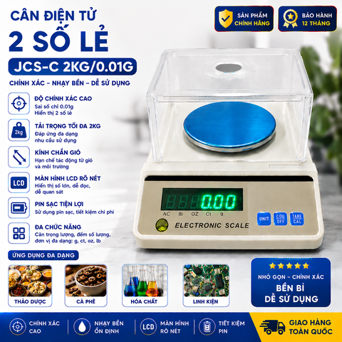 Cân Điện Tử 0.01g 2kg JCS-C | Cân Tiểu Ly 2 Số Lẻ Chính Xác Cao