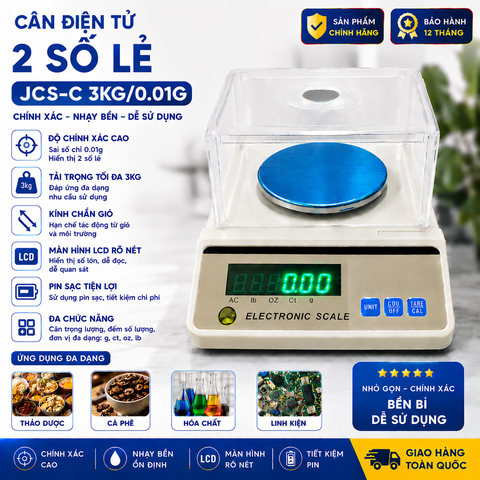 Cân Điện Tử 0.01g 3kg JCS-C | Cân Tiểu Ly 2 Số Lẻ Chính Xác Cao