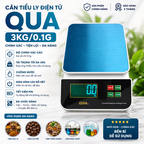 Cân tiểu li điện tử 3KG QUA Chống Nước - Sạc USB