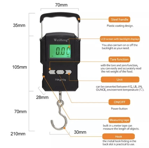 Cân điện tử cầm tay WH-A22 75KG. Kèm thước đó 1m, Độ Chính Xác Cao. Cân tiện lợi