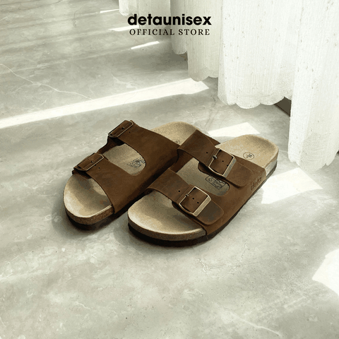 Dép đế trấu quai ngang 2 khoá da bò thật thương hiệu Detaunisex màu Nâu - DEBO21