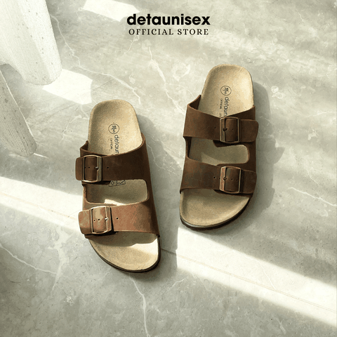 Dép đế trấu quai ngang 2 khoá da bò thật thương hiệu Detaunisex màu Nâu - DEBO21