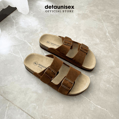 Dép đế trấu quai ngang 2 khoá da bò thật thương hiệu Detaunisex màu Nâu - DEBO21
