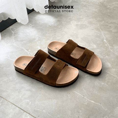 Dép đế trấu nam da bò thật 2 quai ngang Detaunisex lót si kem màu Nâu - DEBO25