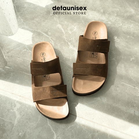 Dép đế trấu nam da bò thật 2 quai ngang Detaunisex lót si kem màu Nâu - DEBO25