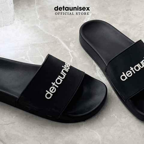 Dép quai ngang Slide Logo Detaunisex dập nổi đế PU đi mưa màu Đen - DEPU01