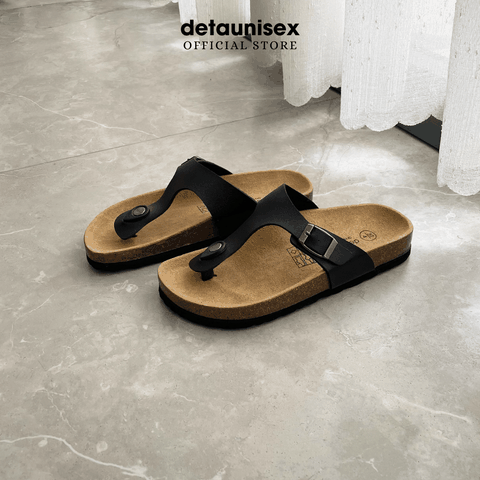 Dép Birken đế trấu nam nữ kẹp ngón chữ T màu Đen - DETA11
