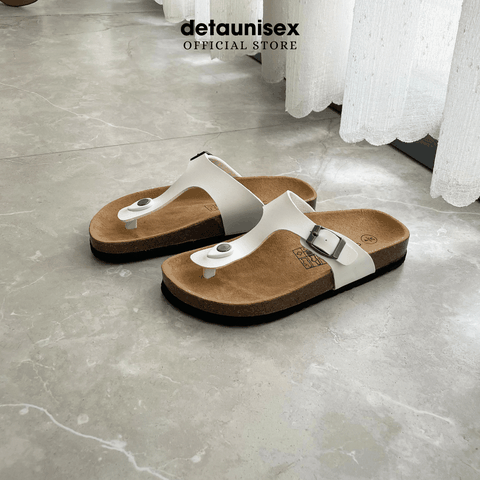 Dép Birken đế trấu nam nữ kẹp ngón chữ T màu Trắng - DETA11