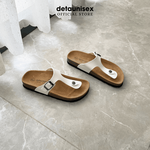 Dép Birken đế trấu nam nữ kẹp ngón chữ T màu Trắng - DETA11