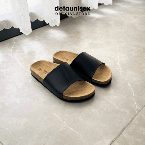 Dép Birken đế trấu nam nữ bảng ngang màu Đen - DETA12