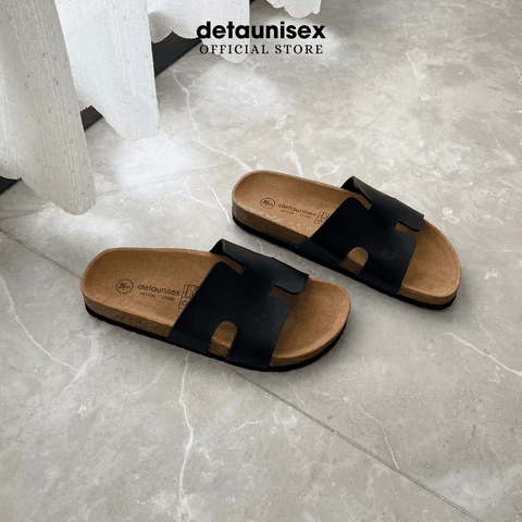 Dép đế trấu chữ H nam nữ thời trang Birken cực xinh và cá tính màu Đen - DETA14