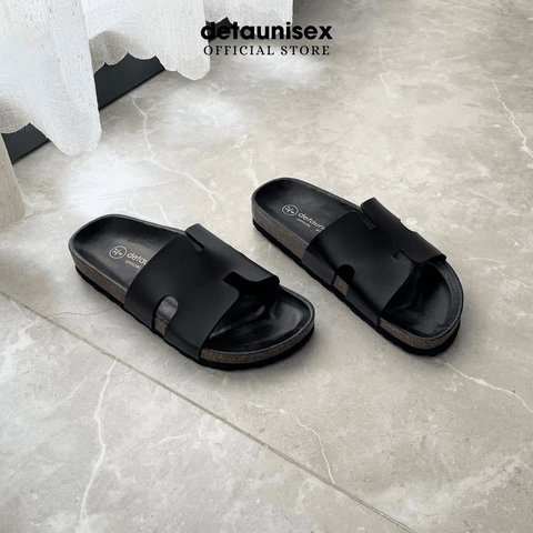 Dép đế trấu chữ H nam nữ thời trang Birken cực xinh và cá tính màu Đen lót Đen - DETA14