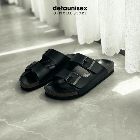 Dép đế trấu Birken 2 khóa màu Đen lót Đen - DETA21