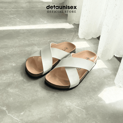 Dép Birken đế trấu quai chéo nam nữ Detaunisex TRẮNG - DETA23T