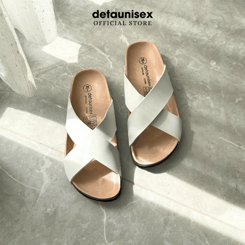Dép Birken đế trấu quai chéo nam nữ Detaunisex TRẮNG - DETA23T