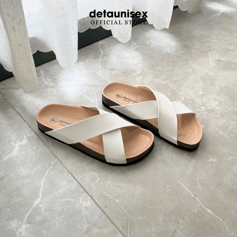 Dép Birken đế trấu quai chéo nam nữ Detaunisex TRẮNG - DETA23T
