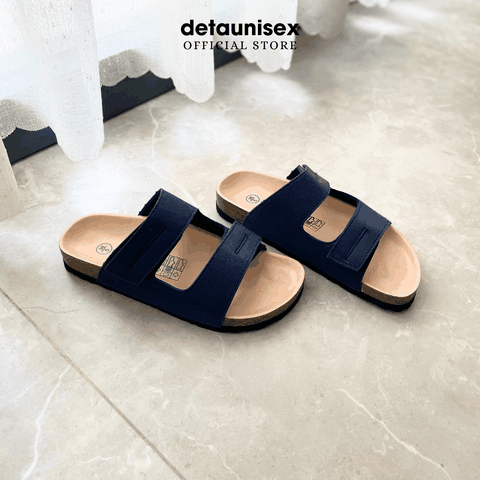 Dép Birken đế trấu nam 2 quai ngang Detaunisex lót si kem Màu Xanh - DETA25X