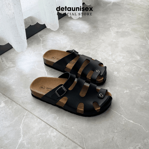 Dép Birken đế trấu nam nữ rọ chiến binh bít mũi Detaunisex màu Đen- DETA41