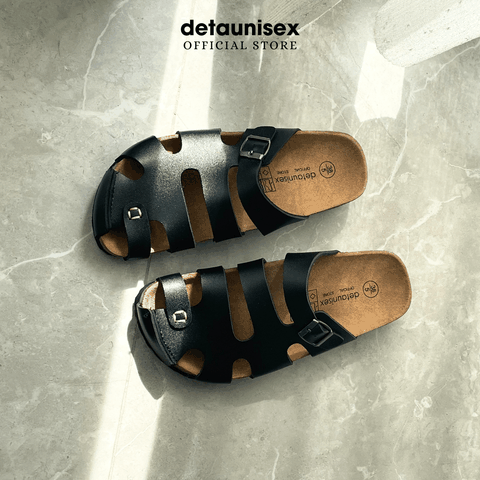 Dép Birken đế trấu nam nữ rọ chiến binh bít mũi Detaunisex màu Đen- DETA41