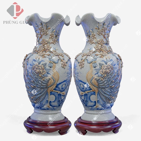 Lọ hoa Chim Công & hoa đào - miệng lượn