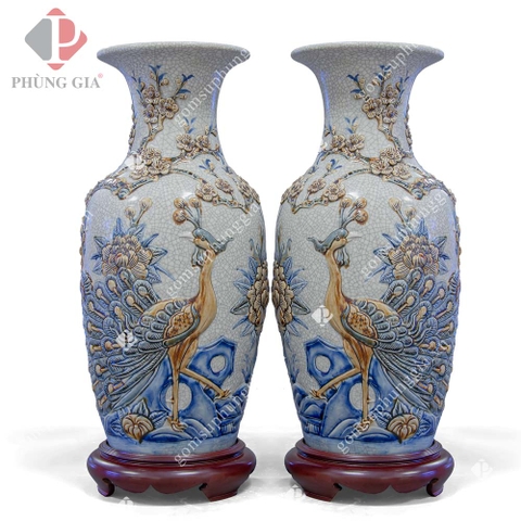 Lọ hoa Chim Công & Hoa Đào - Miệng trơn