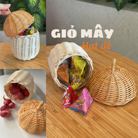 Giỏ mây hạt dẻ có nắp mây tre tự nhiên đựng kẹo đồ phụ kiện trang trí dễ thương